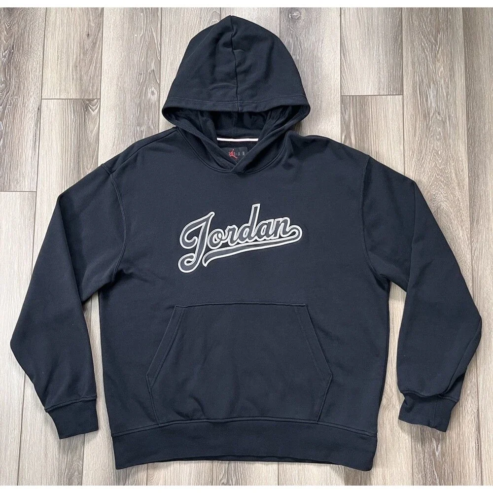Jordan Mens Black Script Logo Pullover Hoodie Sweatshirt Sz Medium Jumpman Logo
